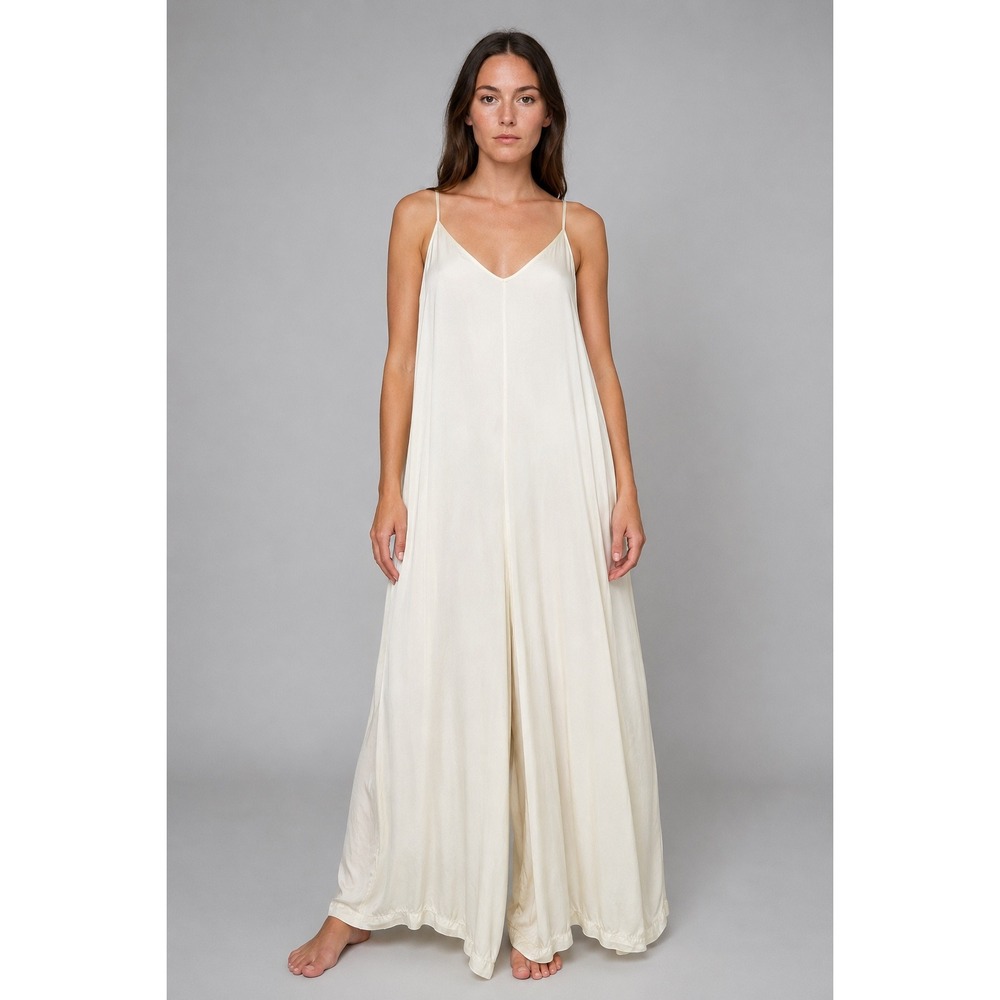 Jaki London Eliza Satin Jumpsuit Women L/XL Cream Wide Leg Bridal Lagenlook Boho
